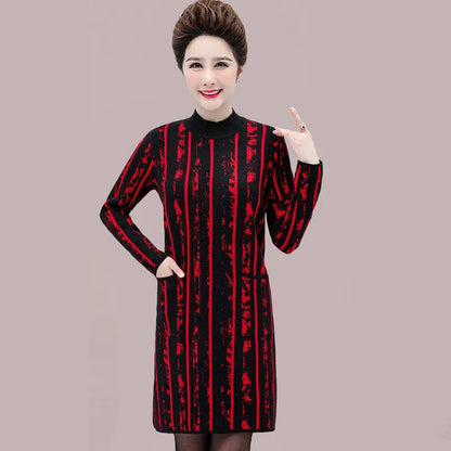 Women's Plush Thickened Autumn and Winter Mid-length Dress Large Size Versatile Mother's Casual Dress