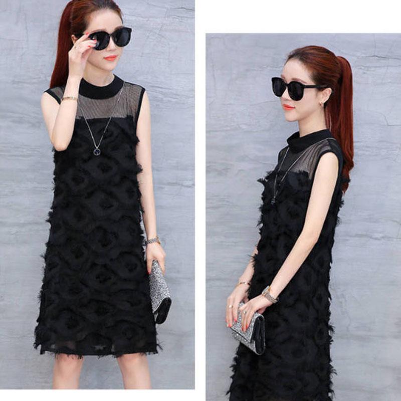 Summer Women Mesh Gauze Stitched Sleeveless Chiffon Dress Fringed Sexy Dress A-line Dress