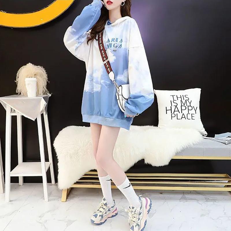 Middle Long Hooded Female Sweater Spring and Autumn Thin Section Korean Students Casual Loose Women's Shirt