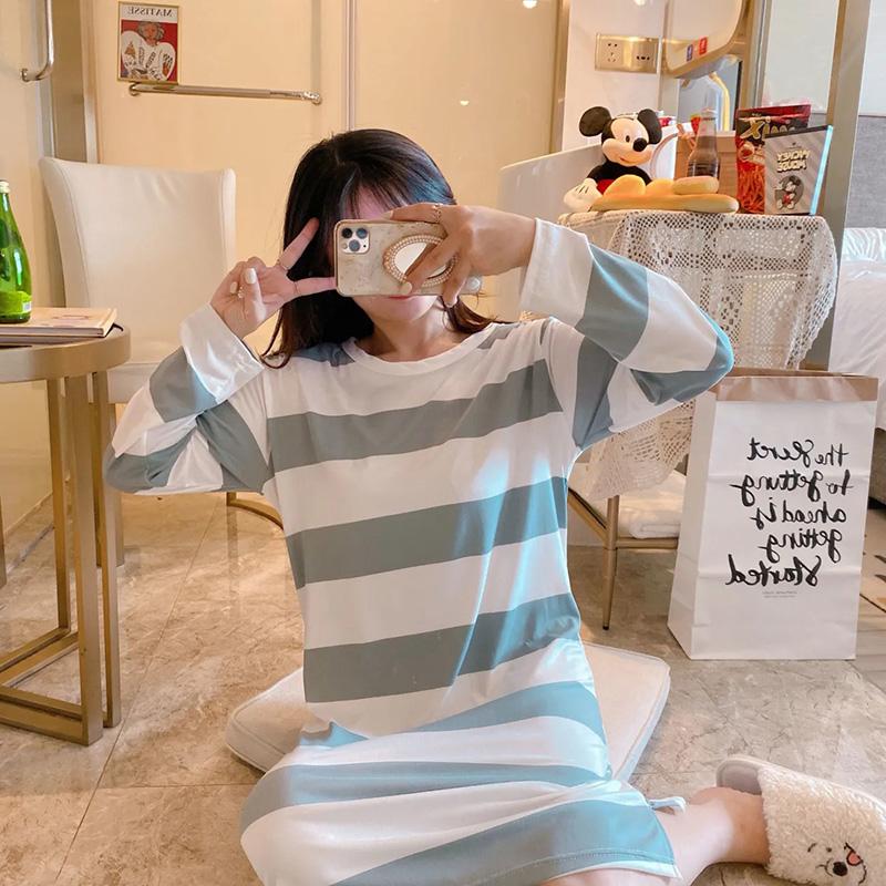 Women's Autumn Winter Long-sleeved Pajamas Dresses Long Simple Loose Nightdress Striped Stitching Out Wear Maternity Homewear