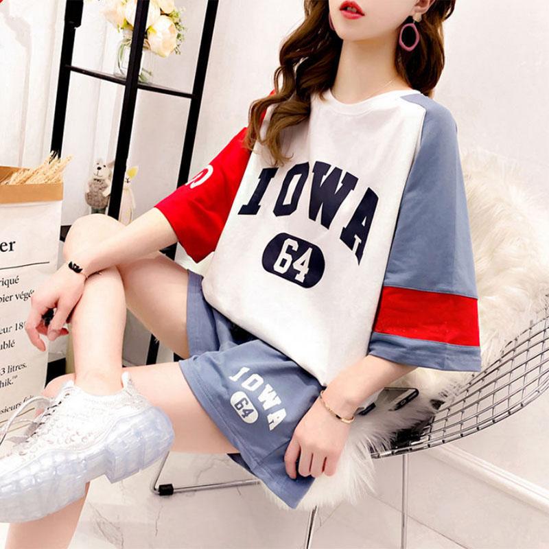 Two-piece Stitching Loose Large Size Fashion Sports Suit Women's Summer Sports Casual Short-sleeved Tops and Shorts