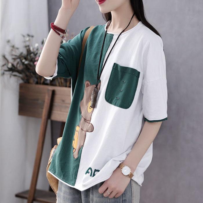 Cute Bear Print T-shirt Large Size Ladies Long Sleeve Shirt Casual Loose Pullover Summer