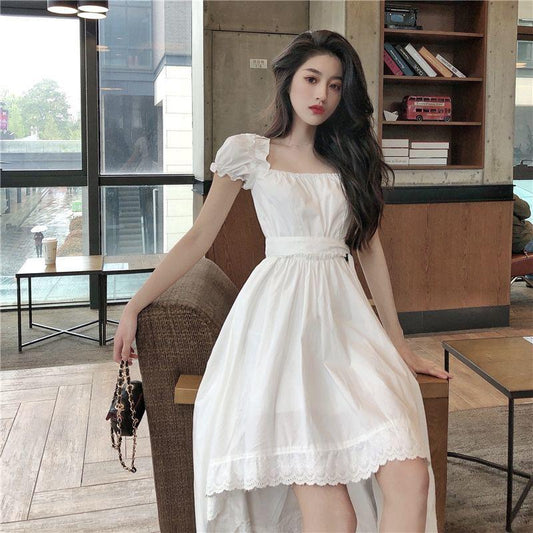 Summer French Retro Square Collar Waist Slim Design Sense White Short-sleeved Dress Women