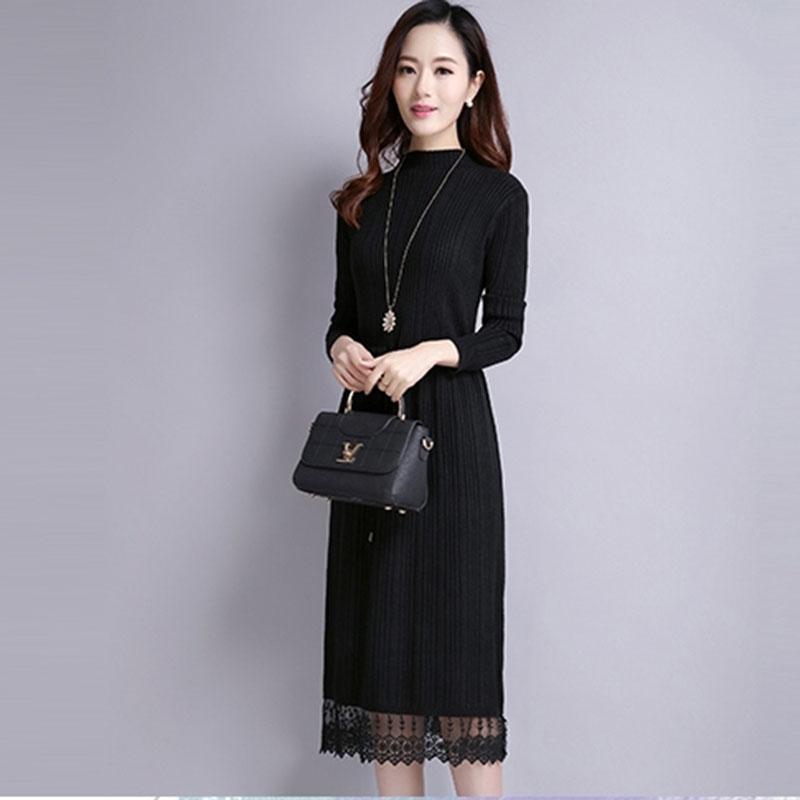 Autumn and Winter Long Sweater Dress Over The Knee Knit Bottoming Dress Half High Neck Lace Female Sweater