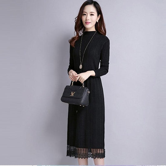 Autumn and Winter Long Sweater Dress Over The Knee Knit Bottoming Dress Half High Neck Lace Female Sweater