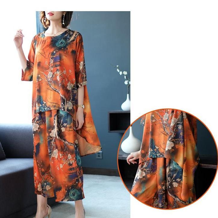 Wome's Pants Suit In Summer Loose Wide Leg Straight Long Pants & Short Sleeve Irregular Thin Tops Floral Printed Large Size Two Pieces Casual Suit