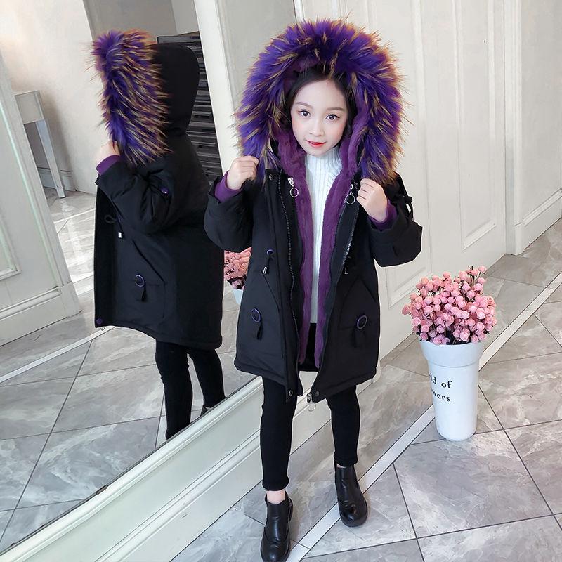 Winter Clothes Plus Cotton Padded Coat for Girls Detachable Plus Velvet Padded Coat Medium and Long Fur Collar Parka  Cotton Padded