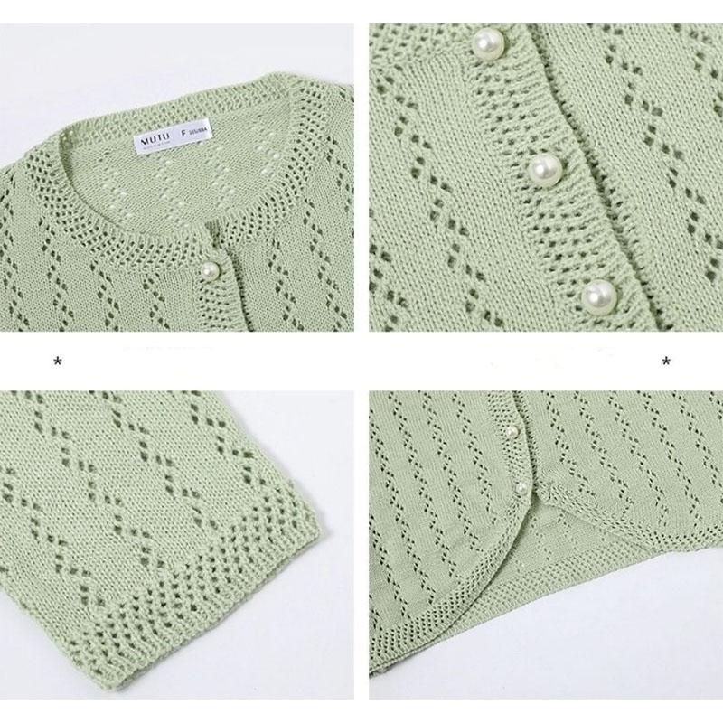 Retro Beaded Thin Hollow Sweater Knitted Cardigan Women's Short Mohair Sunscreen Coat