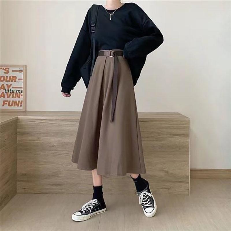 Skirts Womens Black A-line Skirt Spring Summer High Waist Pleated Skirt Female Solid Color Mid-length Skirt with Sashes