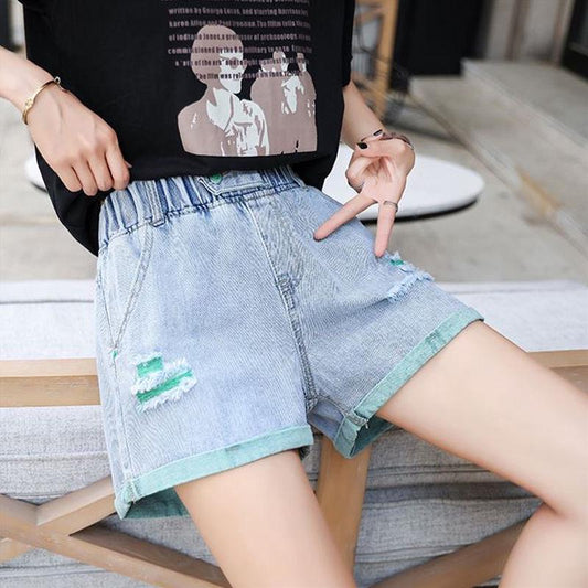 WTEMPO Elastic Waist Denim Shorts Female Summer College Style Was Thin Wide Leg High Waist Student Pants