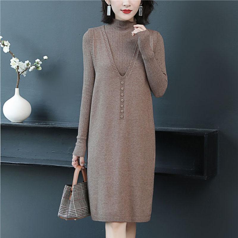 Autumn and Winter Long Sweater Vest Skirt Loose Sleeveless Knitted Dress Fashion Solid Color Female Vest Skirt