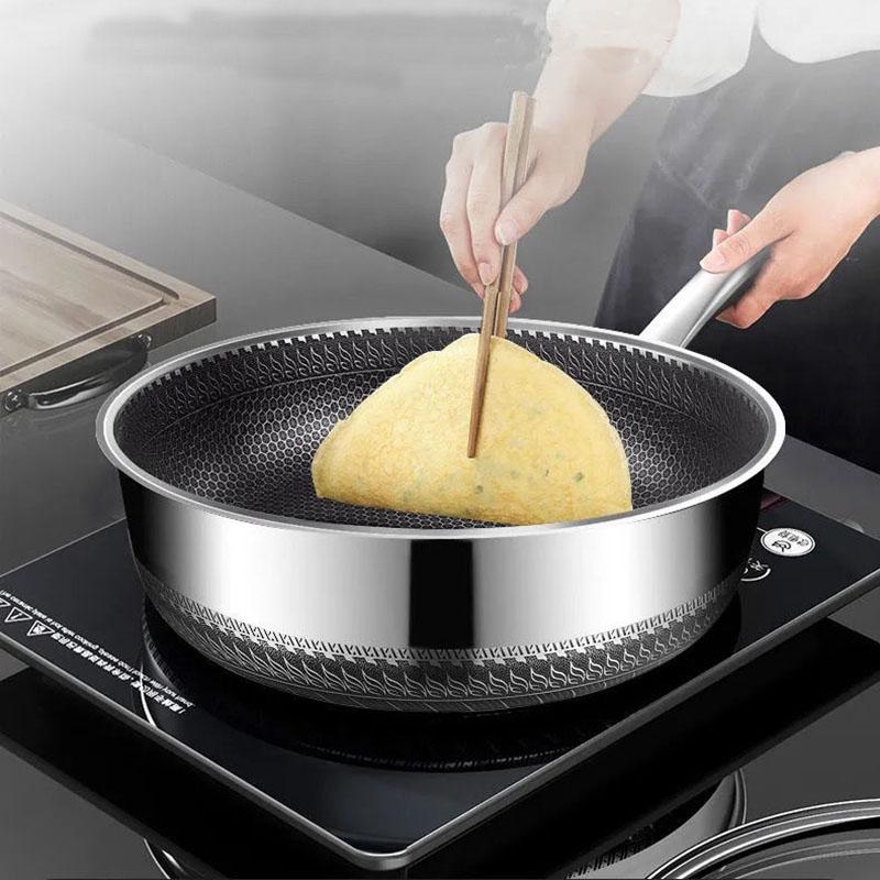 316 Stainless Steel Frying Pan 24-30cm Uncoated No Oily Smoke Non-stick Pancake Pan Household Cooking Pan