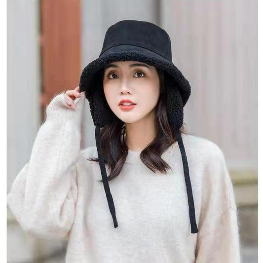 Women's Autumn Winter Korean Hats for Cycling Ear Protection Warm Velvet Fisherman Hat Double-sided Laces Adjustable All Match Lamb Hair Basin Caps