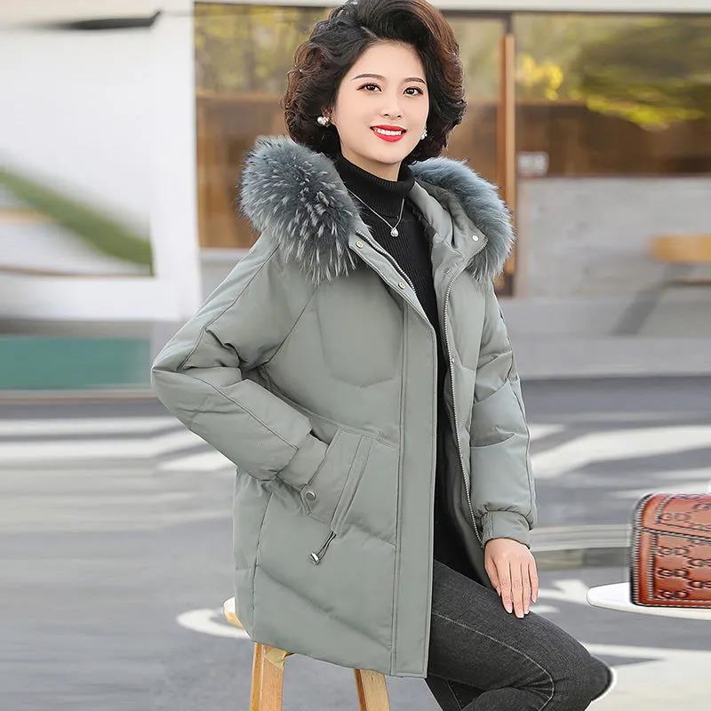 Down Jacket Winter Ladies Fashion Big Fur Collar Thick Warm Hooded Mid-length Plus Size Cotton Jacket