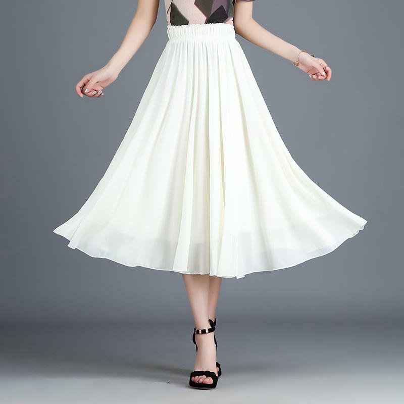 Women Vintage Elegant  High Waist A-line Chiffon Skirt Long Pleated Skirt