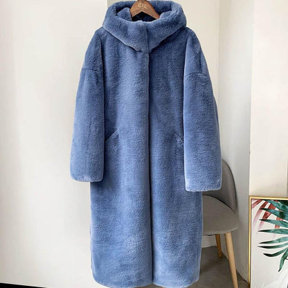 WTEMPO Faux Fur Furry Over-the-knee Jacket Winter Large Size Long Hooded Loose Thick Warm Coat Pie Overcome Women's Clothing