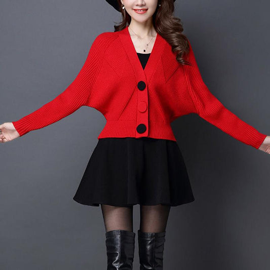 Spring and Autumn Short Knit Cardigan Long Sleeve V-neck Bat Shirt Long Sleeve Button Sweater Jacket