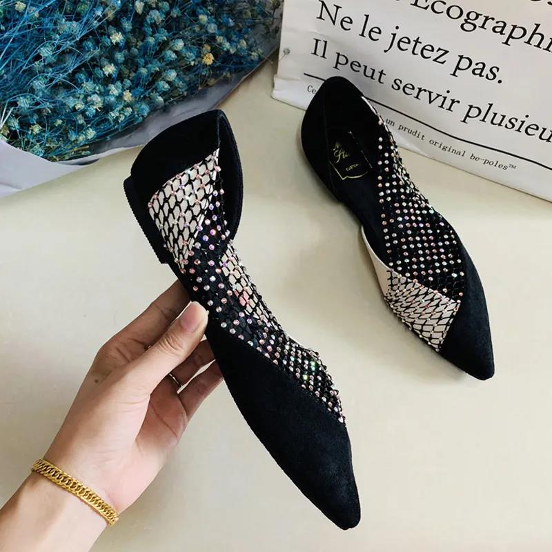 Women's Shoes Summer Sexy Side Hollow Flat Shoes Female Pointed Toe Baotou Rhinestone Hollow Single Shoes