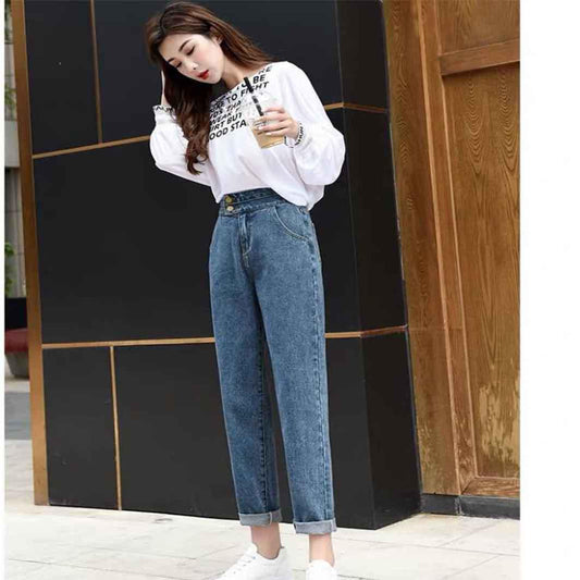 WTEMPO High-waisted Jeans Women Loose Thin and Wide-legged Retro Straight Crop Pants