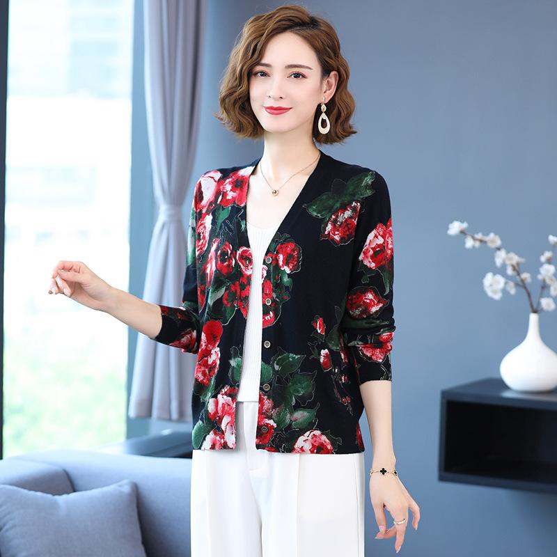 Autumn and Winter Women's Printed Cardigan V-neck Casual Sweater Coat High-end Wool Plus Size Cardigan