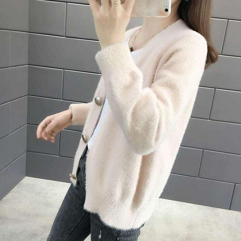 Autumn and Winter Mohair Knitted Jacket Cardigan Simple Casual Sweater Loose Long-sleeved Women's Top