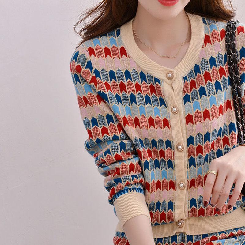 2pcs/set Women's Knitted Skirt Suit Autumn Winter Women's Long-sleeved Printed Cardigan and Knitted Skirt Two-piece Set Female Knit Bodycon Skirt Suit