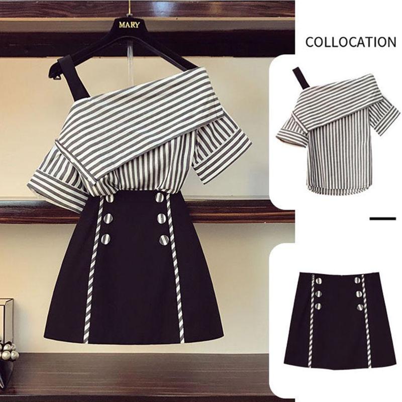 Summer Skirt Set Women Strap Off-Shoulder Striped Shirt Short Skirt Two-piece Set Fashion