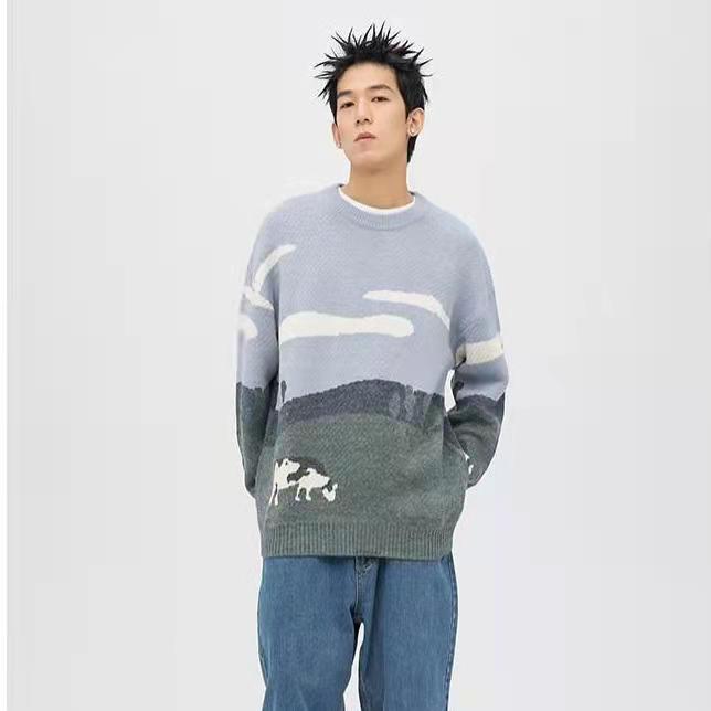 Men's Cow Retro Winter Sweater Pullover Men's O-neck Korean Fashion Sweater Women's Casual Harajuku Clothes