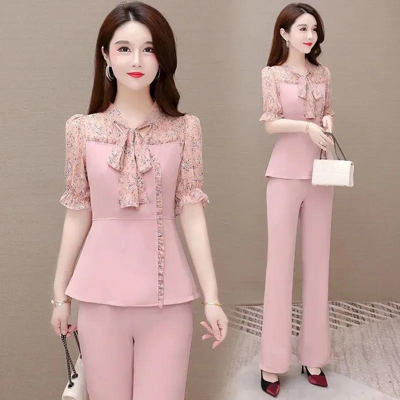 Women's Chiffon Set Slim Body Elegant Temperament Two-piece Drape Wide-leg Pants Lace Chiffon Short-sleeved Shirt Professional Suit