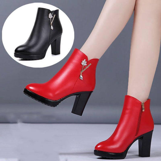 Pair of Boots Woman Ankle Boots Women Leather Shoes Winter High Heel Boots Plush Fashion Female Boot