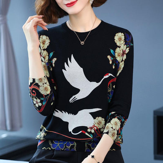 Autumn and Winter Women's Knitted Sweater Cartoon Print Sweater Round Neck Pullover Long Sleeve Bottoming Shirt Loose Fashion