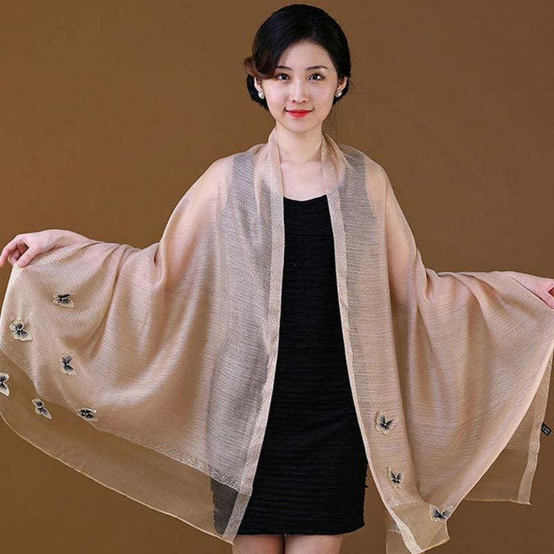 Women's Silk Scarf Mulberry Silk Scarves Autumn Winter Warm Butterfly Embroidery Shawl Long Mother Scarf Female Neck Collar Wrap Shawl Neckerchief