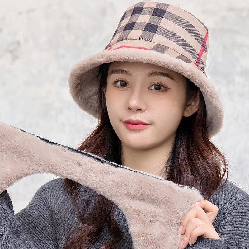 Women's Autumn Winter Dual-purpose Fisherman Hat Warm Ear Protection Removable Large-brimmed Hat Detachable Ear Protection Strap Plaid Fisherman Cap