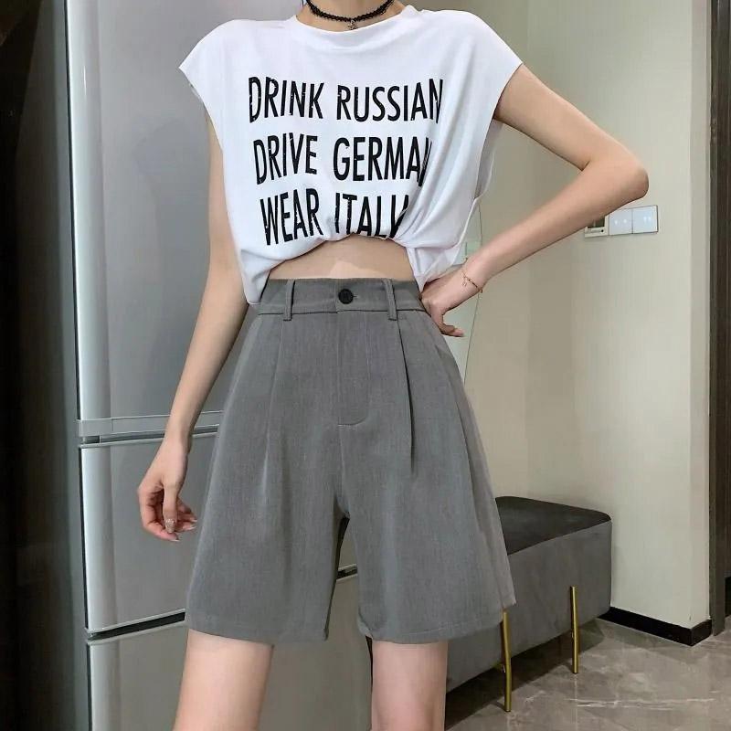 Women's Summer Straight Shorts Korean Version Drape Loose and Thin Casual High Waist Suit Wide Leg Pants Student Wide Leg Pants Elastic Waist Shorts