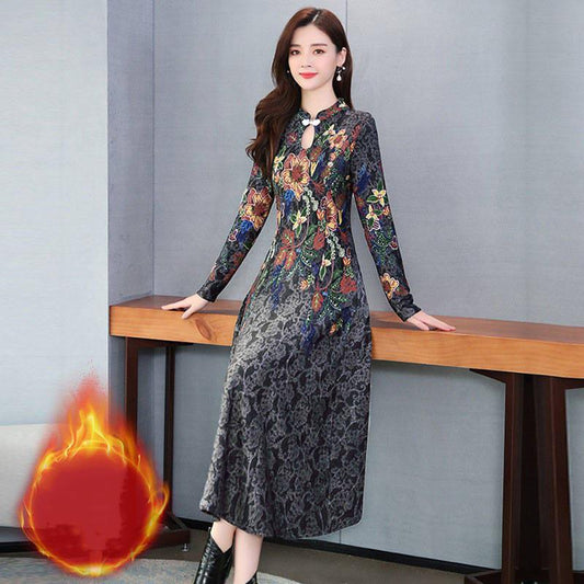 Plus Size Women Jacquard Dress Elegant Printed Sexy Vintage Long Sleeve Boho Velvet Dresses