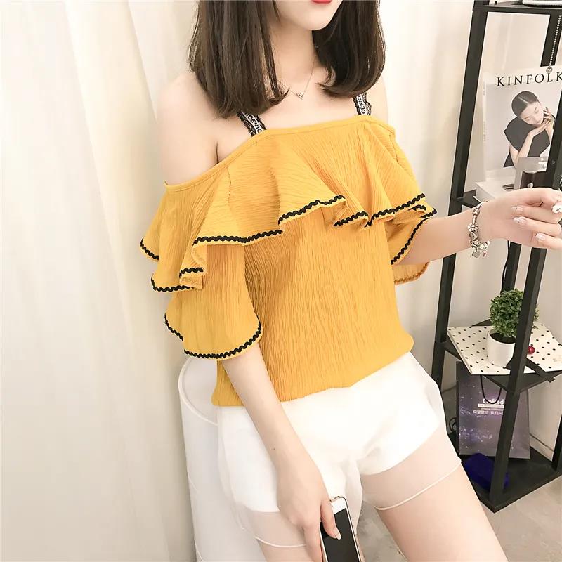 Loose and Thin Chiffon Shirt Small Fresh One-line Collar Sexy Ruffled Temperament Blouse Women's Strapless Chiffon Shirt