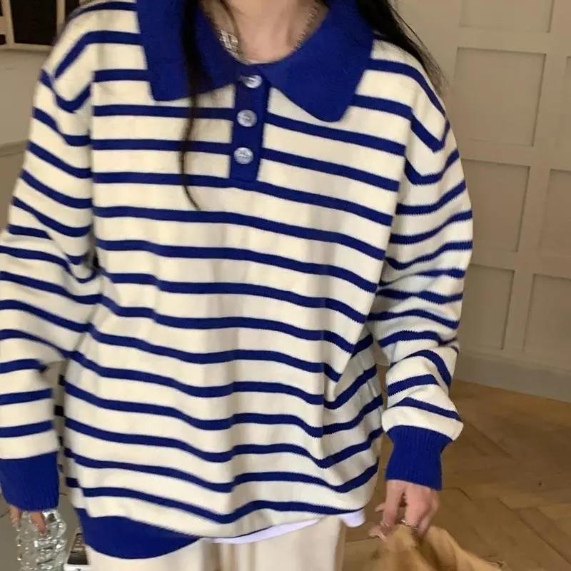 College Style Polo Collar Striped Sweater Female Student Autumn and Winter Casual Loose and Lazy Pullover Sweater Top Outer Wear