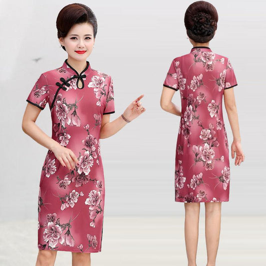 Fashion Mother Summer Short-sleeved Chinese Style Improved Cheongsam Dress Middle-aged and Elderly Women's Western Style Long Slim Dress