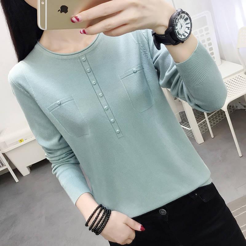 Women Button Low Collar Long Sleeve Pullover Sweater Slim Office Bottom Shirt Sweatshirts