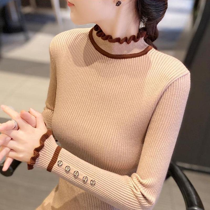 Knitted Bottoming Shirt Women Autumn and Winter Button Decoration Half Turtleneck Sweater Young Women Sweater