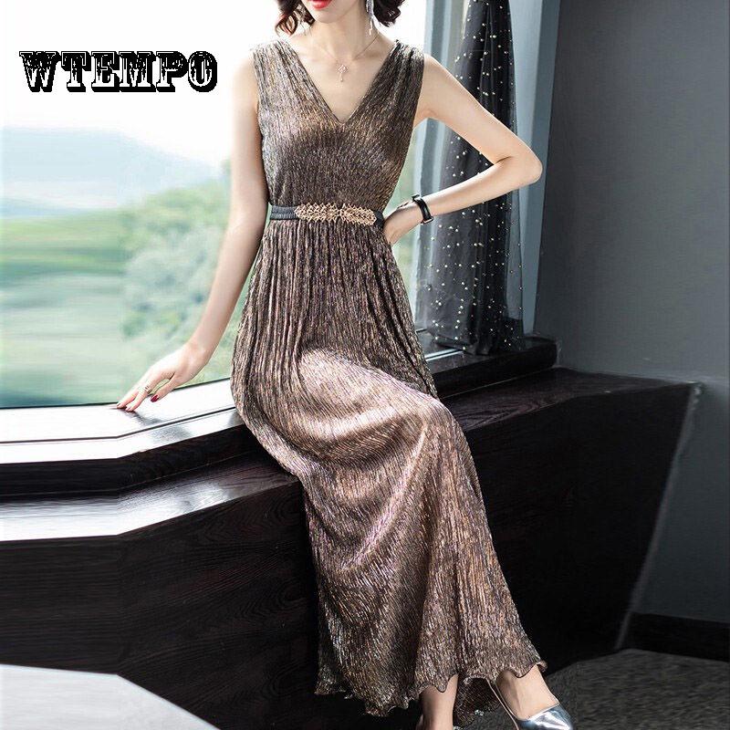 WTEMPO  Long Dress Female V-neck Sexy Dresses Summer Thin Pleated High Waist Vest Clothing