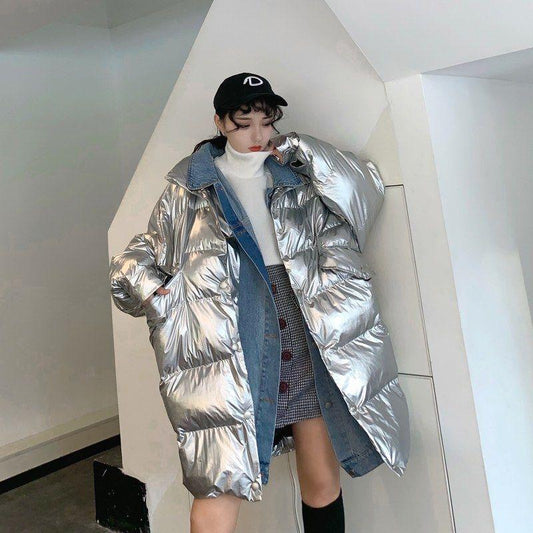 Silver Shiny Coat Mid-length Cotton Coat Loose and Thicker Ladies Shiny Thickened Bread Down Jacket