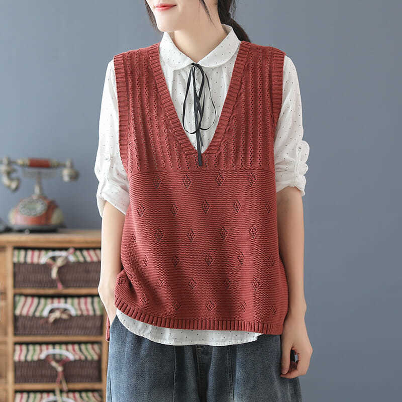 Literature and Art Retro Sweet Wind Hollow Knitted Woolen Waistcoat V-neck Pullover Ladies Sleeveless Waistcoat Jacket