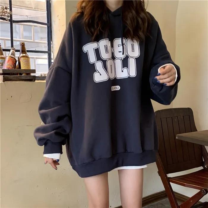 Sweater Women's Ins Plus Velvet Thickened Student Korean of The Loose BF Lazy Style Letter Printing Top Hooded Jacket Printing Pullover Sweater