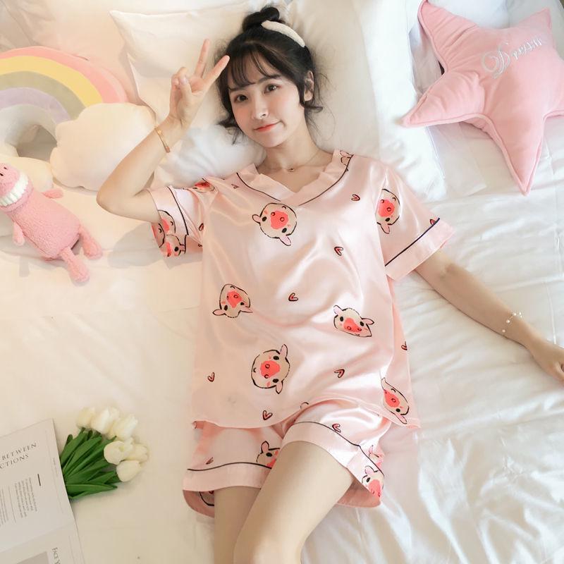 Two-piece suit cute thin ice silk summer home service Pajamas female summer short-sleeved silk