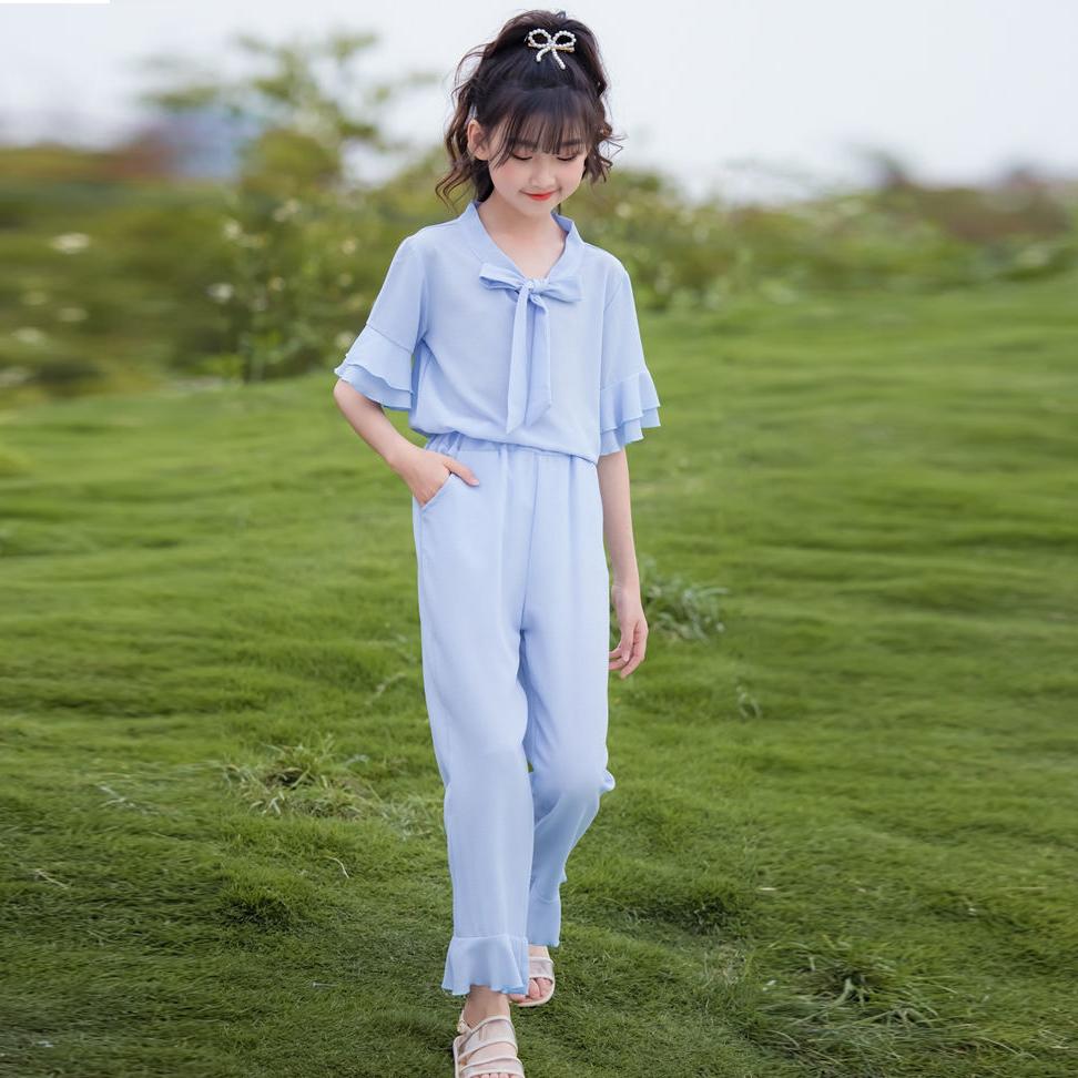 Girls' Set Summer Thin Korean Short Sleeve Pants Two Piece Set Bow Tie Ruffle Loose Suit Casual Wear