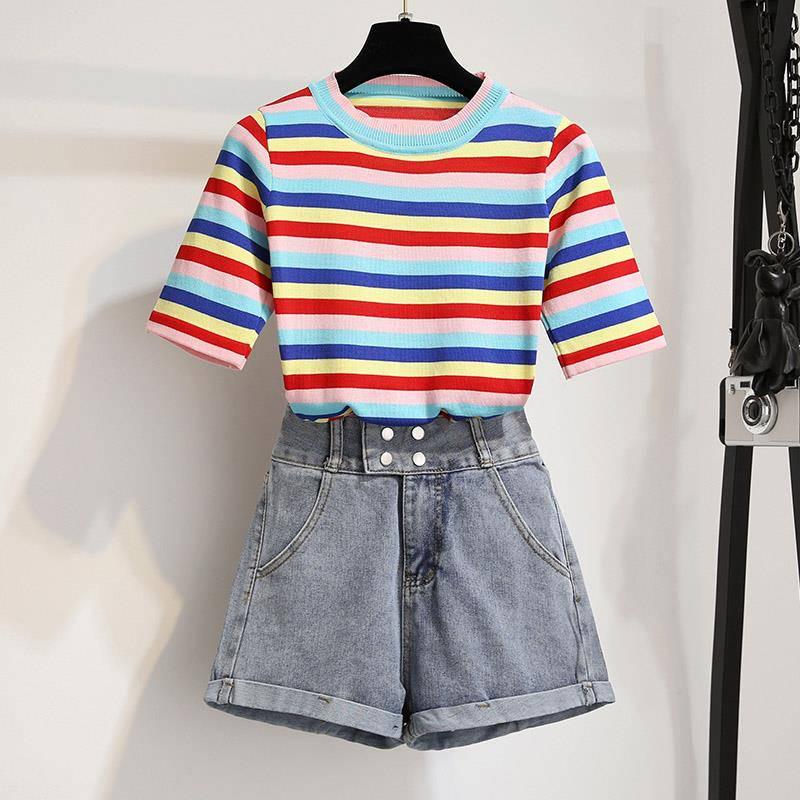 Shorts Set Summer Elastic Rainbow Stripe T-shirt Denim Shorts Two-piece Women's T-shirt Set