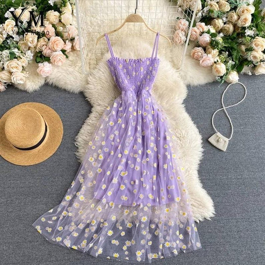 Daisy Mesh Yarn Spaghetti Strap Dress Women Summer French Style Pleated Slim Wasit Retro Sweet Dresses