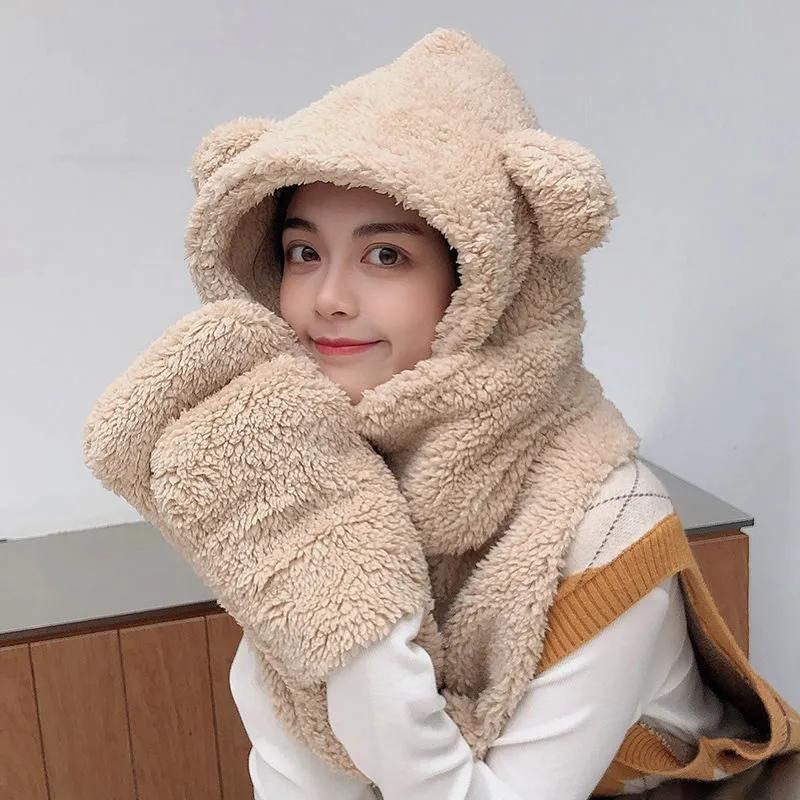 Women's All-match Cute Autumn and Winter Warm Hat Double-layer Thickening One-piece Three-purpose Hat Bear Ears Scarf Gloves Fleece Warm Caps Set