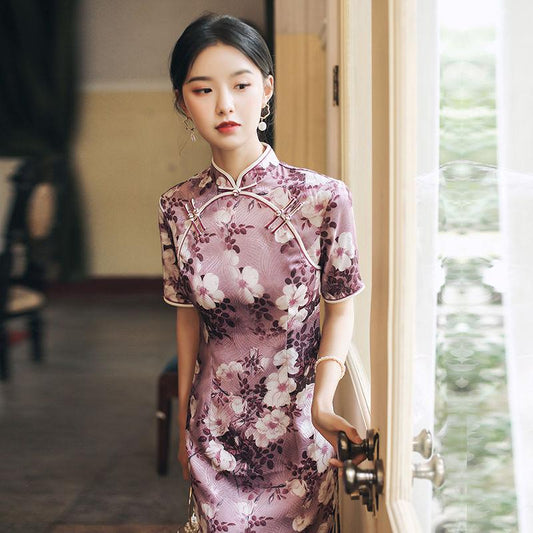 Cheongsam Summer Short-sleeved Chinese Style Retro Improved Long Daily Dress Retro Style Cheongsam Slim and Elegant Temperament